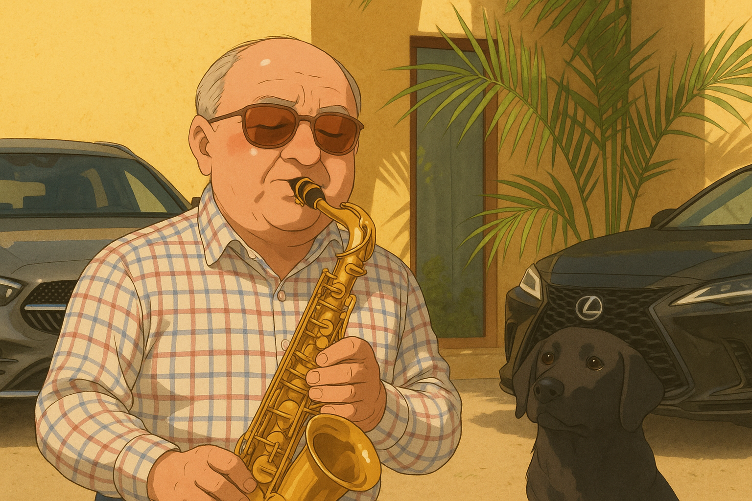 Nelu playing saxophone with dog